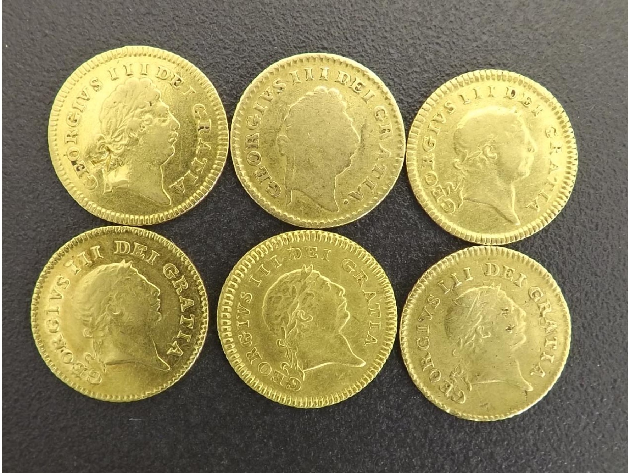 Appraisal: Collection of six George III guinea gold coins dated two