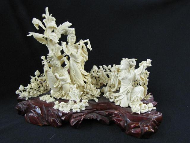 Appraisal: Carved vintage multi-piece ivory figural grouping depicting female musicians flowers