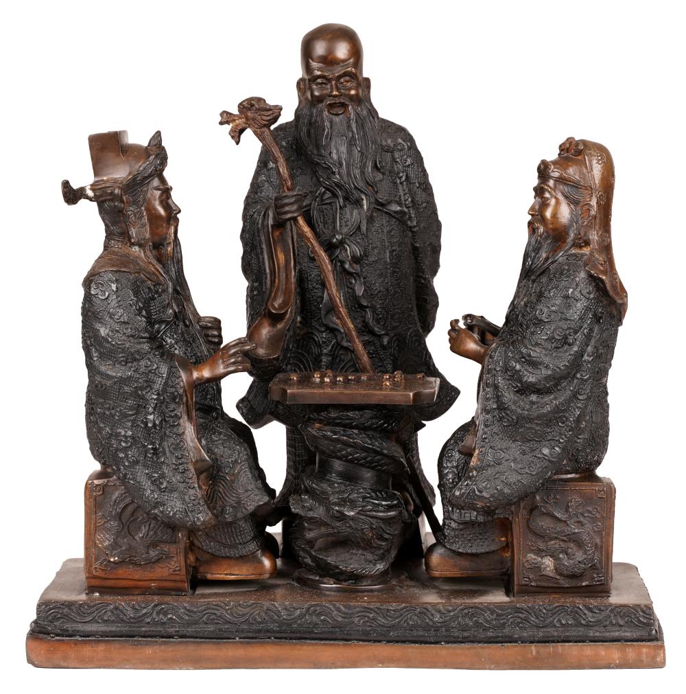 Appraisal: PATINATED BRONZE FIGURAL GROUP OF THREE CHINESE ELDERSunsigned Provenance The