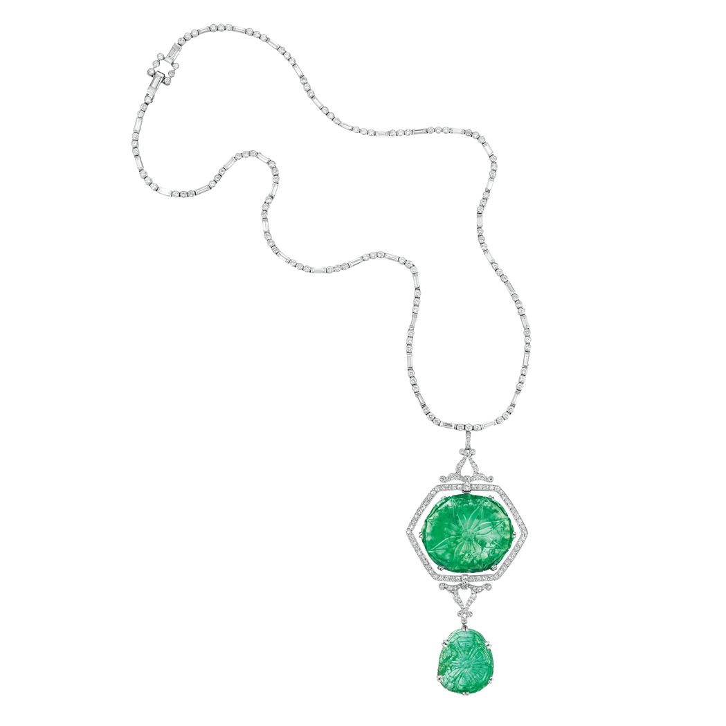 Appraisal: Platinum Diamond and Carved Emerald Pendant-Necklace The necklace composed of