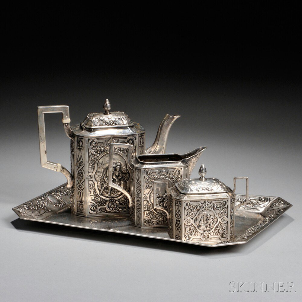 Appraisal: Four-piece Diminutive German Silver Tea Set comprised of teapot covered