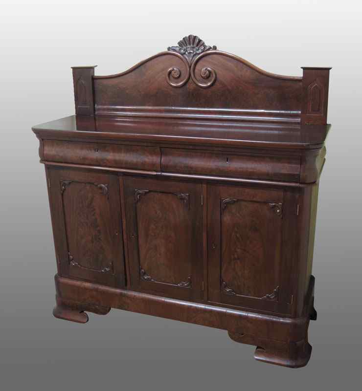 Appraisal: EMPIRE PERIOD MAHOGANY SIDEBOARD Featuring an arched shaped backsplash with