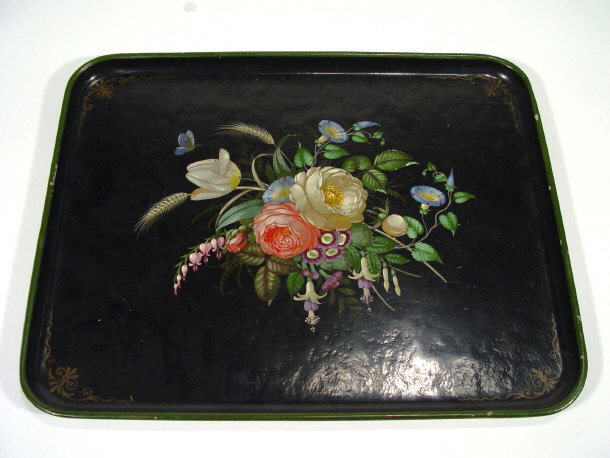 Appraisal: Rectangular papier mach tray hand painted with flowers onto a