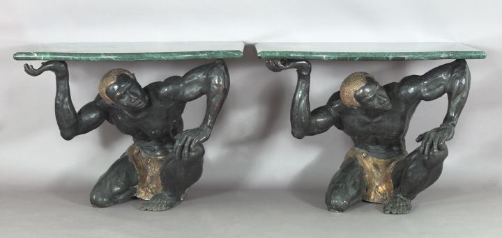 Appraisal: Pair of Bronze Double-Patinated and Marble-top Blackamoor Console Tables each