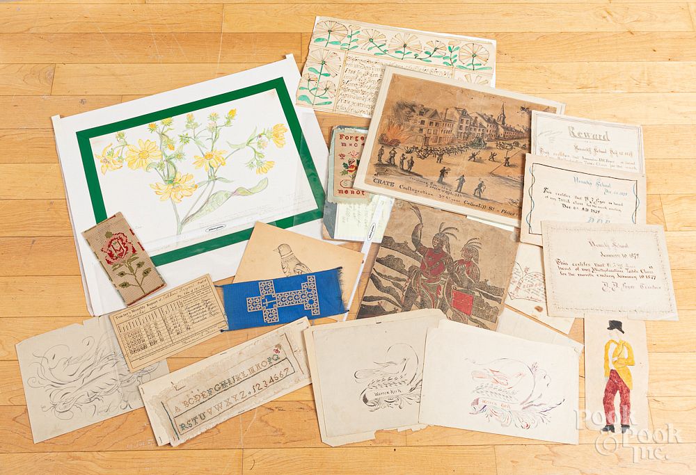 Appraisal: Group of unframed prints fraktur drawings etc Group of unframed