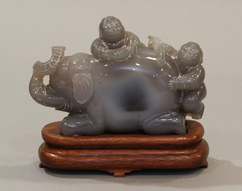 Appraisal: Chinese water agate carving provenance Mr K's restaurant children playing