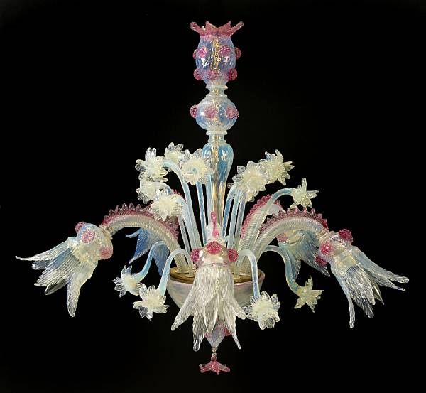 Appraisal: A Murano opalescent and rose glass five-light chandelier late th