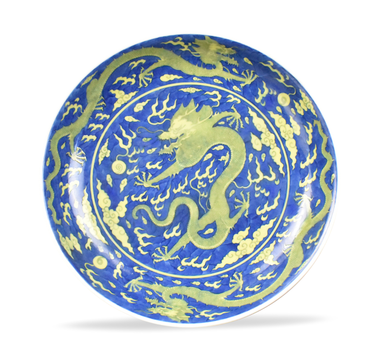 Appraisal: Chinese imperial blue ground and yellow dragon plate Qianlong mark