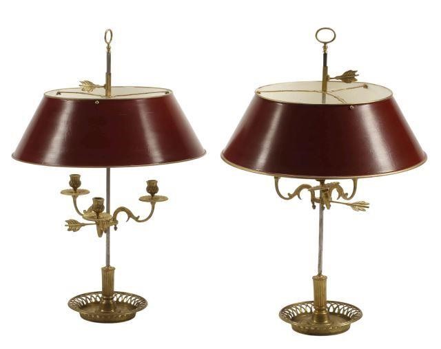 Appraisal: pair French Bouillotte candle lamps adjustable-height tole shade adjustable-height arms