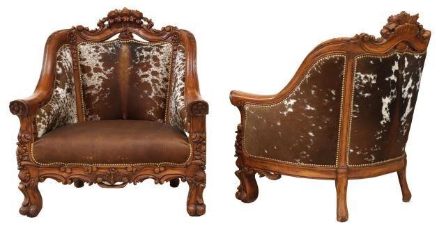 Appraisal: pair Large custom armchairs th c with carved floral crest