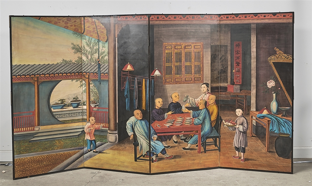 Appraisal: Chinese four-panel painted screen depicting figures in an interior x