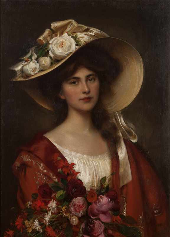 Appraisal: Portrait of a young woman in a hat holding a