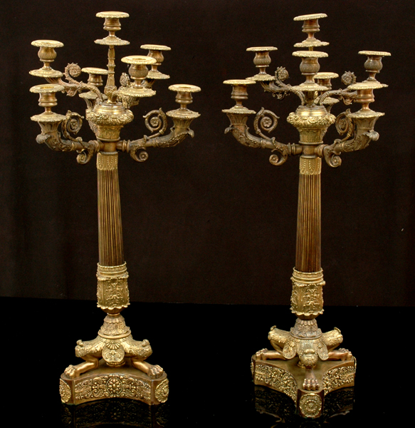 Appraisal: A PAIR OF EMPIRE STYLE GILT METAL MOUNTED CANDELABRA th