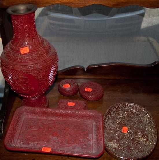 Appraisal: Six Chinese cinnabar lacquer articles including vase vanity boxes and