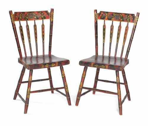 Appraisal: Pair of vibrant Pennsylvania arrowback dining chairs ca with elaborate