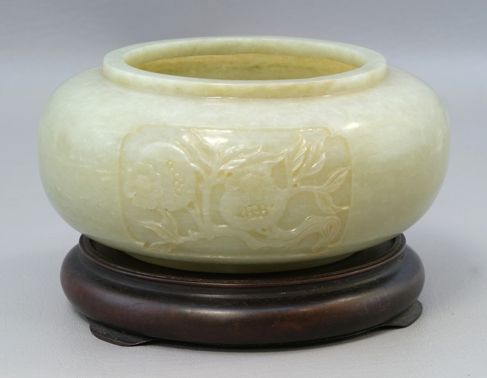 Appraisal: Chinese Carved Jade Bowl and stand possibly zitan the bowl