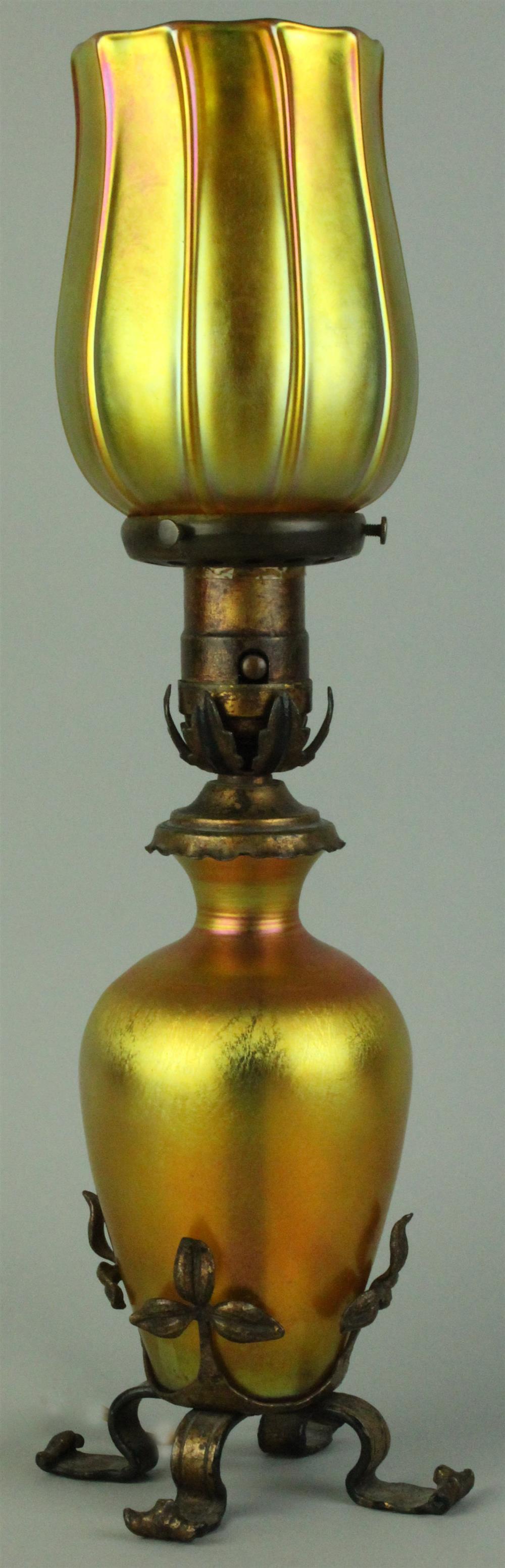 Appraisal: QUEZAL IRIDESCENT GOLD GLASS LAMP BASE AND SHADE shade engraved