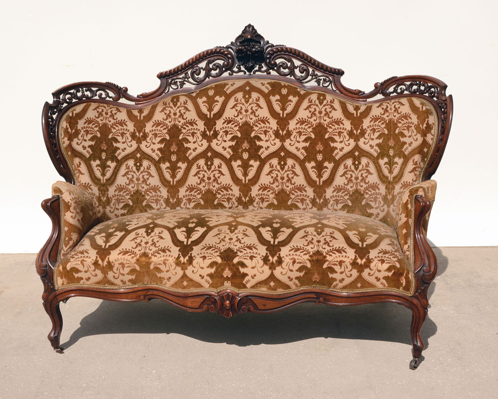 Appraisal: MEEKS STANTON HALL CARVED SOFA Foliate scroll reticulated pierced carved