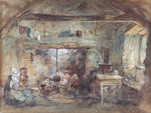 Appraisal: TH CENTURY ENGLISH SCHOOLA cottage interior with figures at a