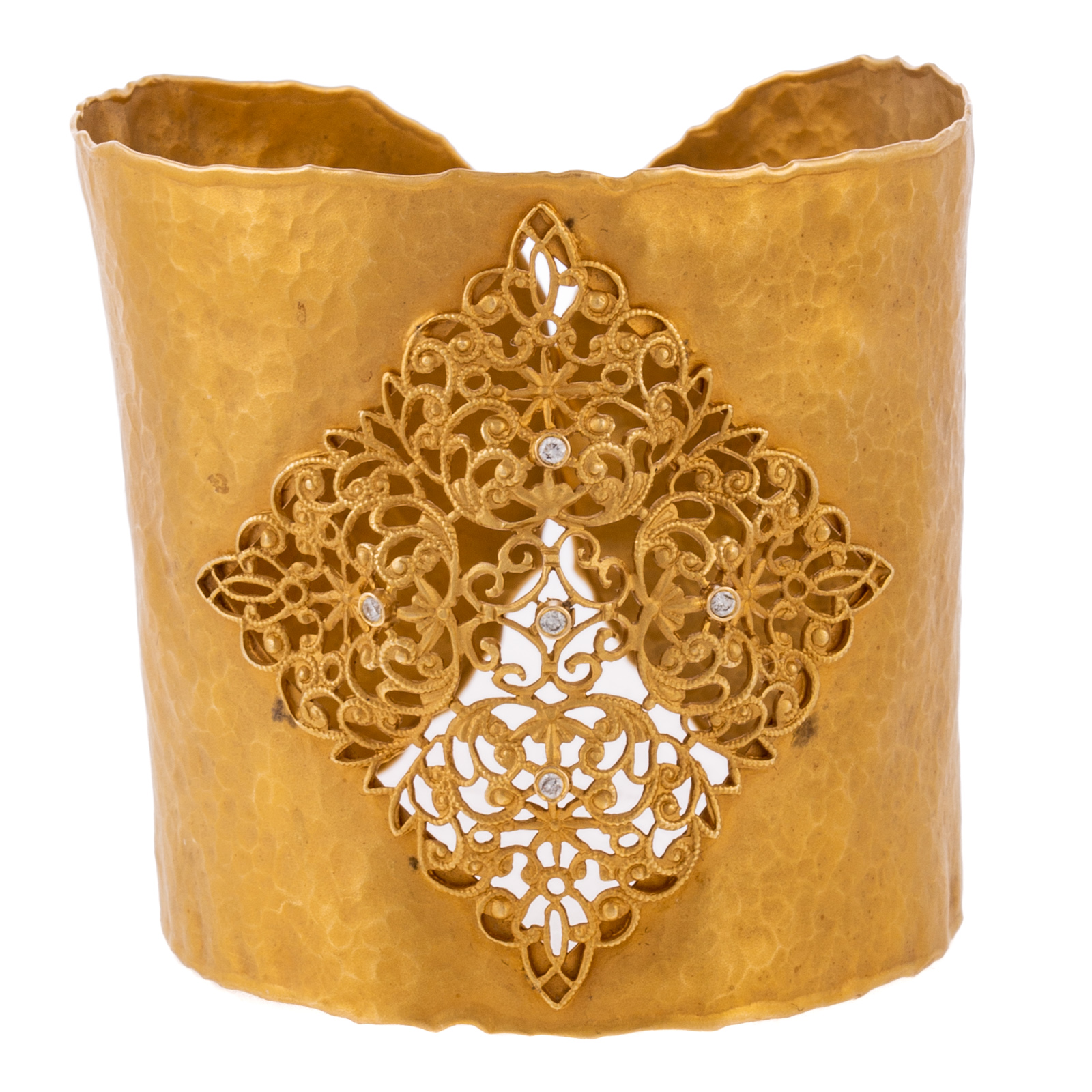 Appraisal: A WIDE FILIGREE DIAMOND CUFF BRACELET IN K K yellow