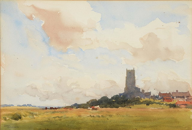 Appraisal: GERALD ACKERMANN - Landscape with church tower signed watercolour x