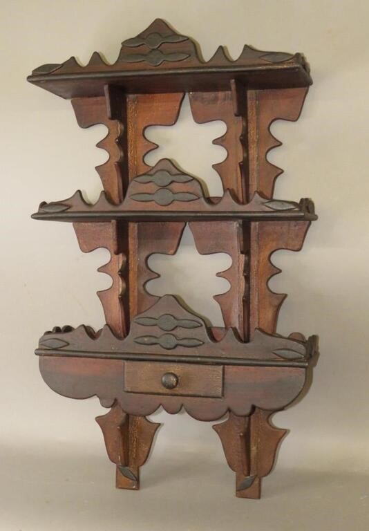 Appraisal: FOLK ART HOMECRAFTED THREE-TIER WALL SHELF WITH DRca early th