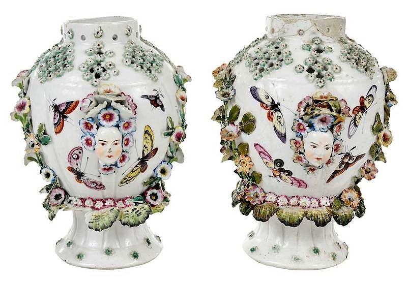 Appraisal: Pair Continental Floral Encrusted Vases th century majolica painted vases