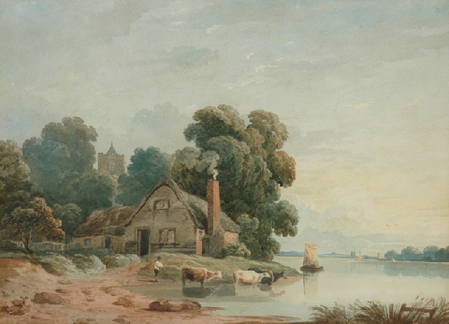 Appraisal: John Varley British - River Scene with Cottage Figures and