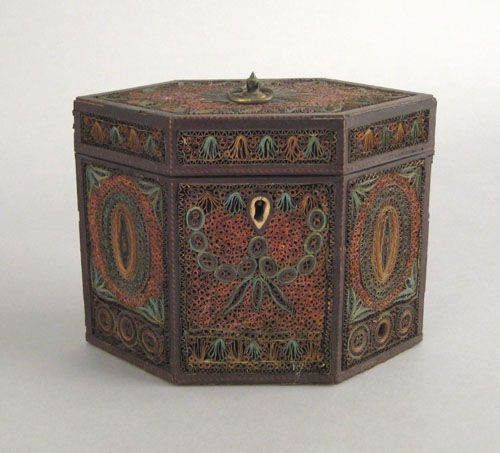 Appraisal: English quillwork tea caddy ca with barber pole inlaid edges