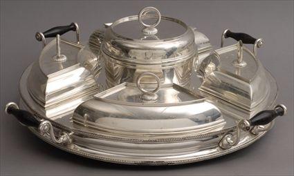 Appraisal: FRENCH SILVER-PLATED FIVE-PART SERVER WITH WARMING STANDThe circular stand with