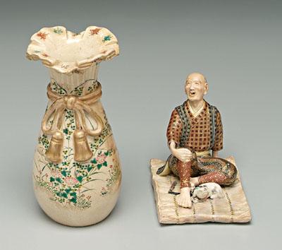 Appraisal: Two pieces Japanese satsuma vase shaped as a bag tied