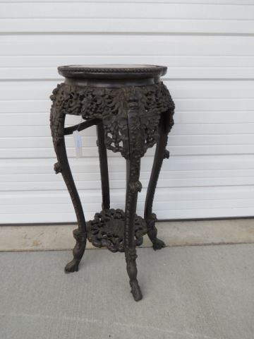 Appraisal: Chinese Carved Wood Plant Stand red marble inset tall diameter