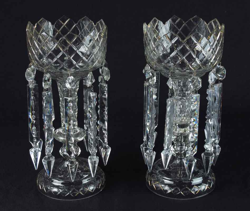 Appraisal: PAIR OF CUT GLASS LUSTERS Cut stems extra long crystal