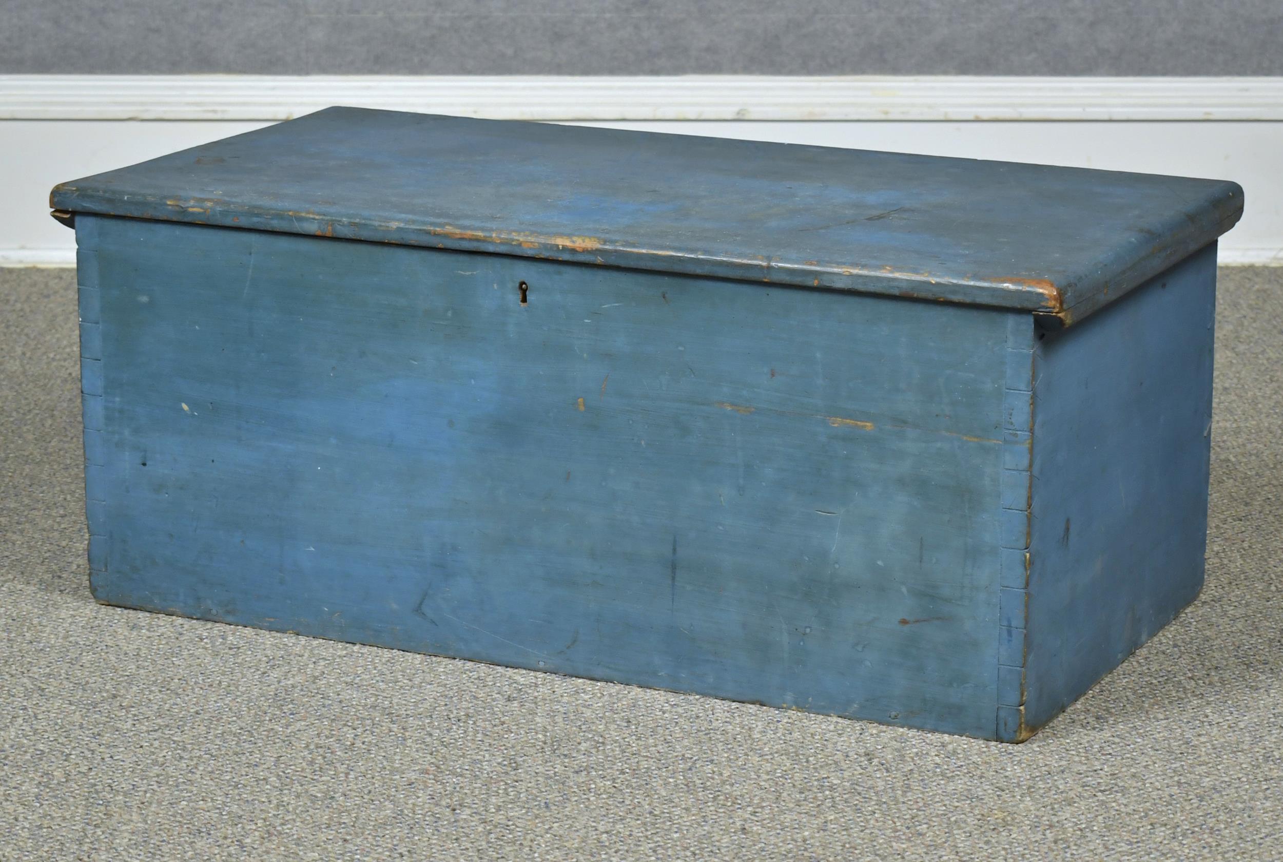 Appraisal: TH C BLUE PAINTED DOVETAILED TRUNK A six board bass