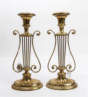 Appraisal: A Pair of Mottahedeh Brass Candlesticks of lyre form Height