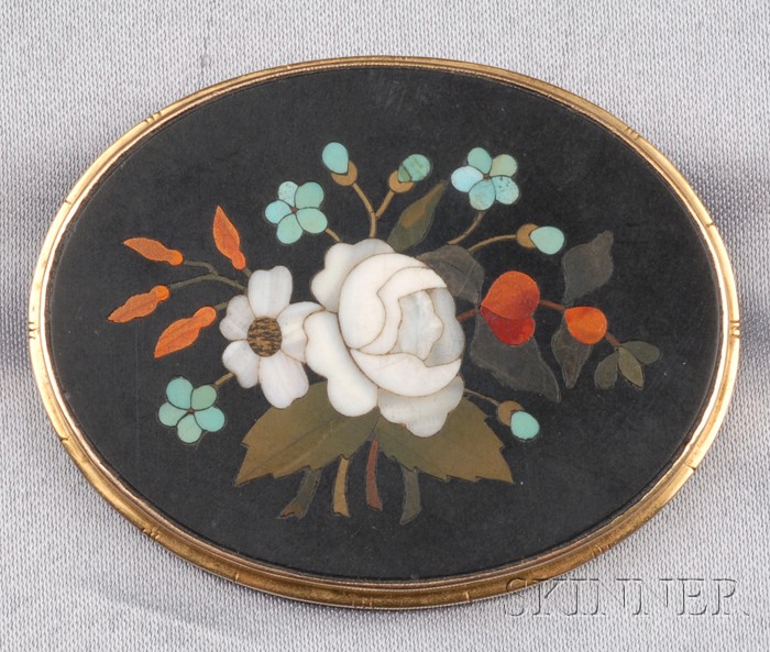 Appraisal: Antique kt Gold Pietra Dura Brooch depicting a floral bouquet