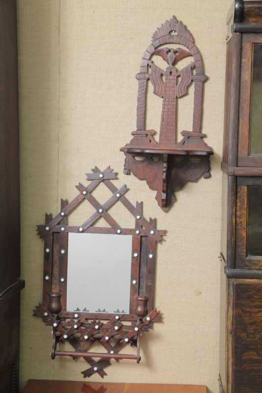 Appraisal: TWO HANGING SHELVES Both walnut A mirrored and crosshatched shelf