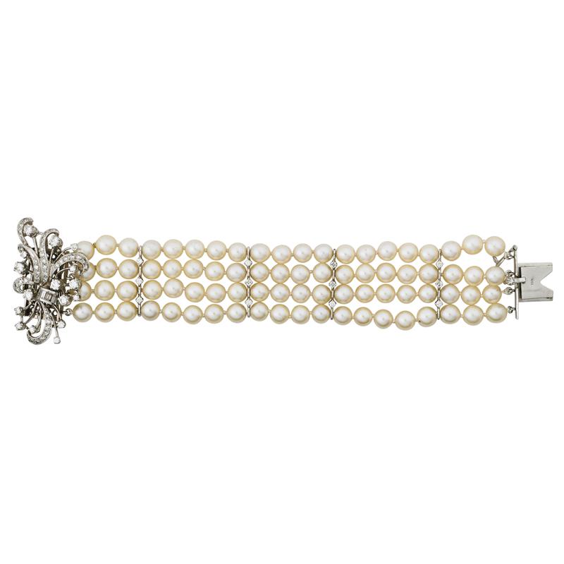 Appraisal: CULTURED PEARL DIAMOND K WHITE GOLD BRACELET Condition Report