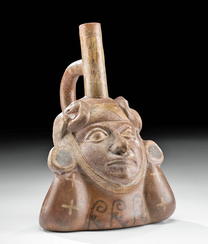 Appraisal: Moche Polychrome Portrait Vessel w Avian Headdress Pre-Columbian North Coast