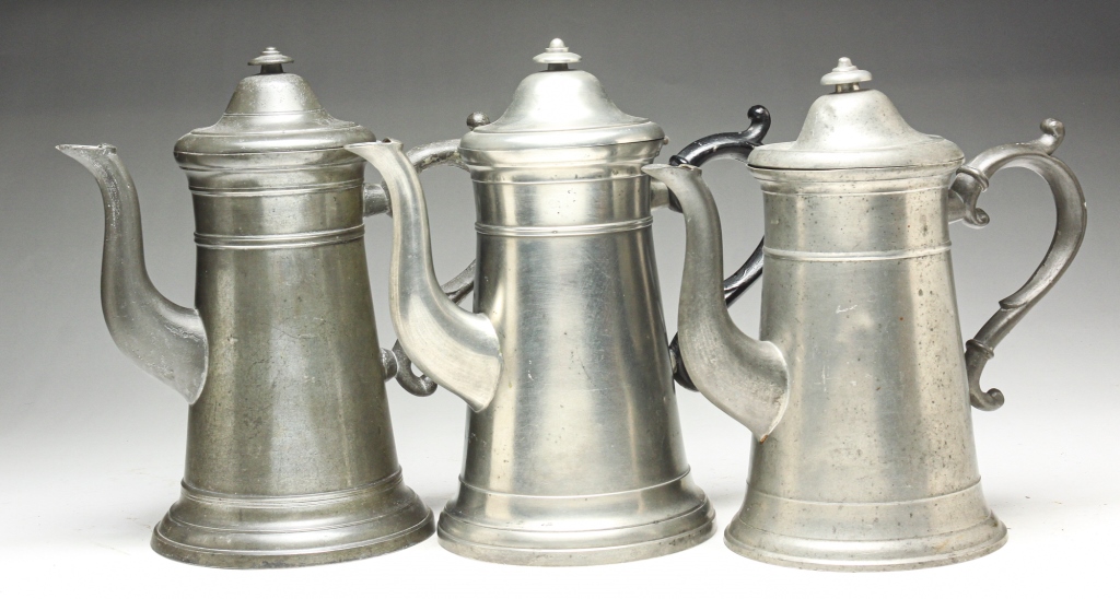 Appraisal: THREE CONNECTICUT PEWTER TALL POTS Nineteenth century Marked H B