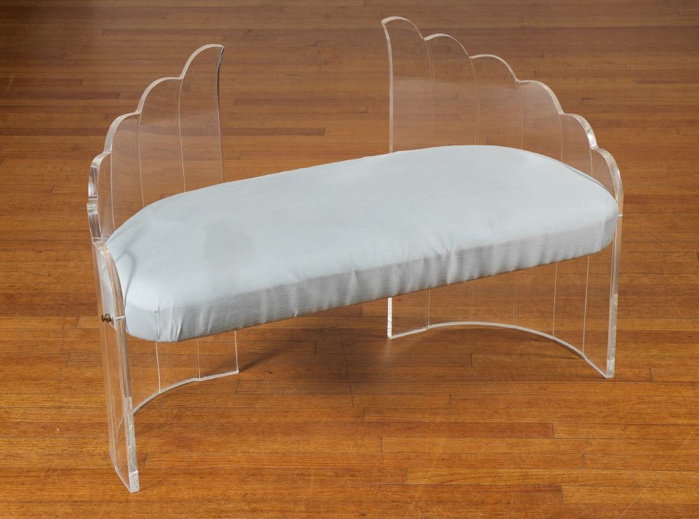 Appraisal: HILL MANUFACTURING LUCITE BENCH Unmarked attribution with shaped panels on