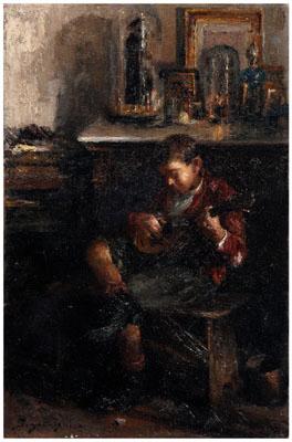 Appraisal: Italian painting signed Scognamiglio young boy playing a mandolin in