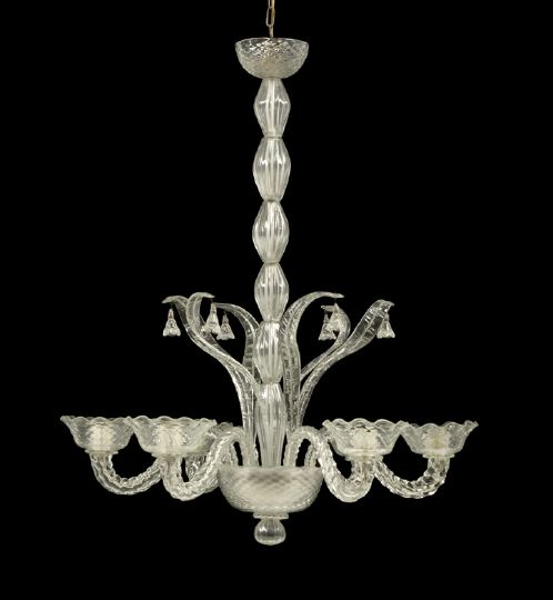 Appraisal: Murano Art Deco Cannele and Diamond-Quilted Glass Six-Light Chandelier second