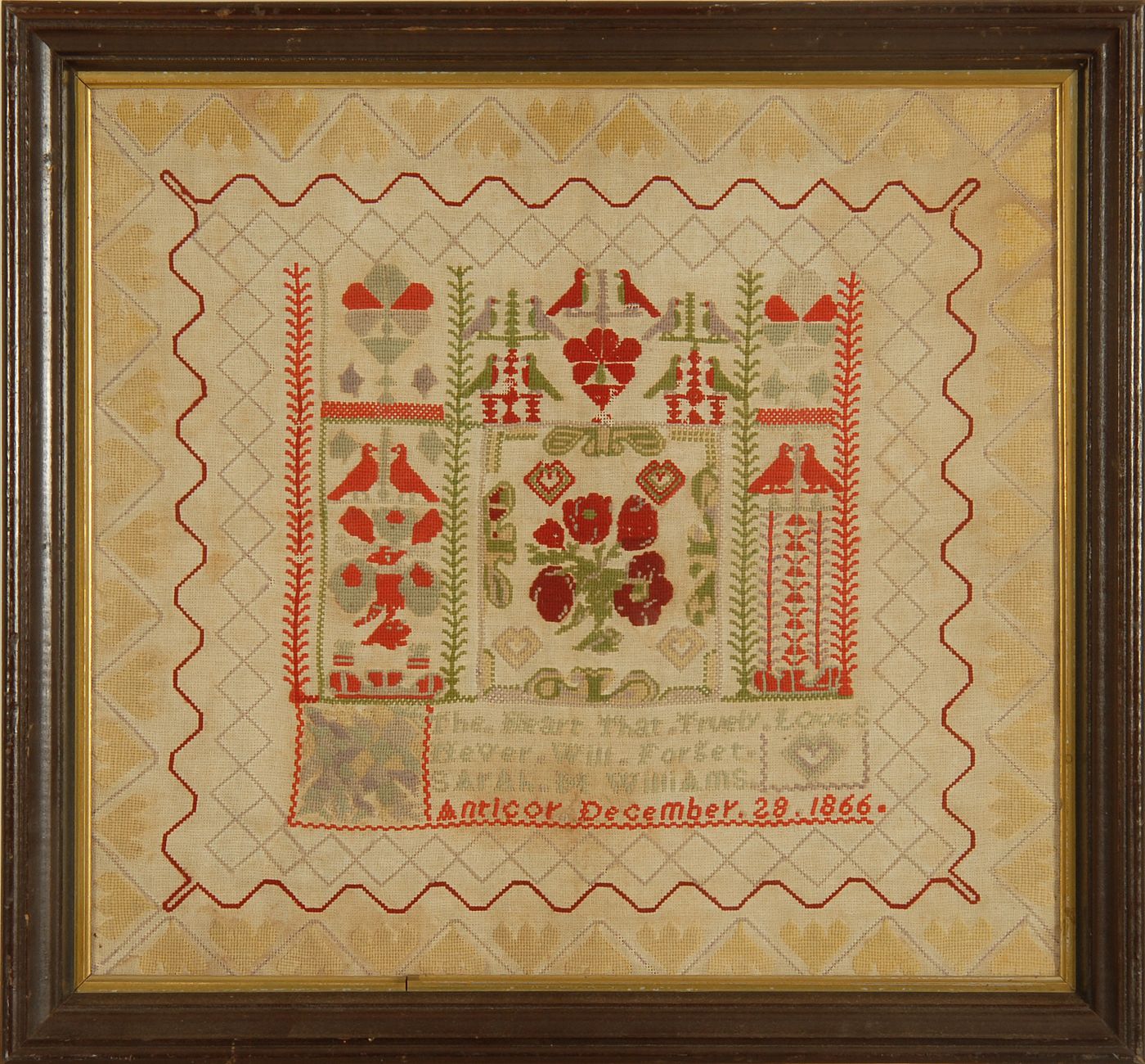 Appraisal: FRAMED AMERICAN NEEDLEWORK SAMPLER th CenturyWrought by Sarah N Williams