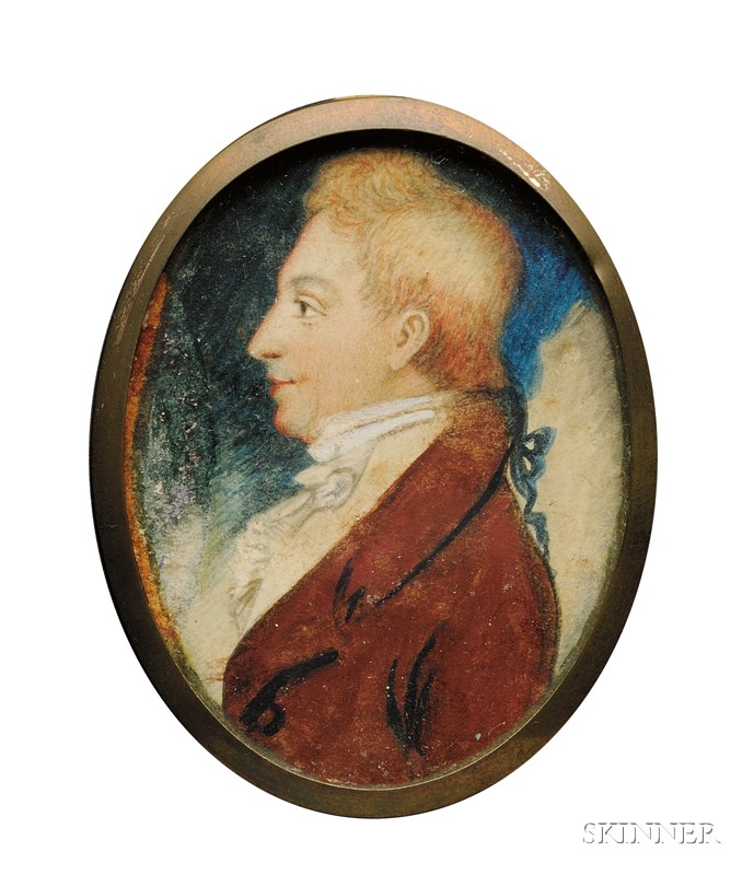 Appraisal: Profile Portrait Miniature of a Red-Haired Gentleman in a Maroon