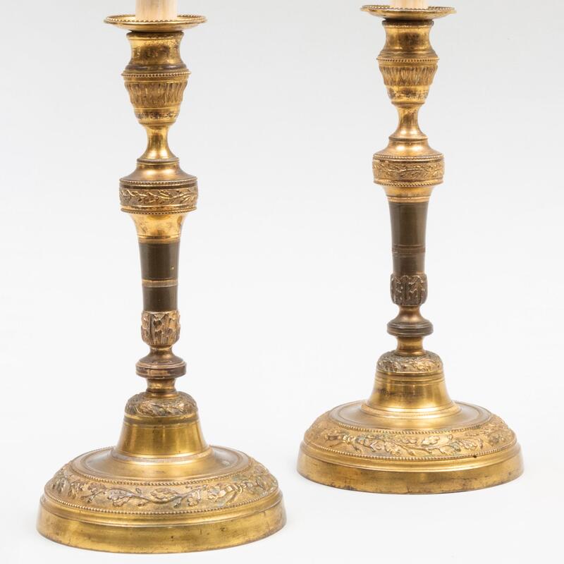 Appraisal: Pair of Restoration Style Gilt-Metal Candlesticks Mounted as Lamps x