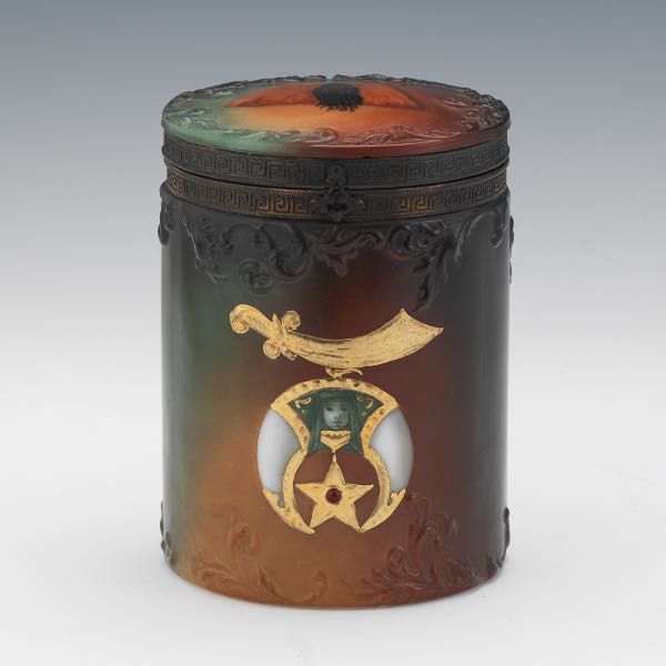 Appraisal: HANDEL PAINTED SHRINERS FRATERNITY HUMIDOR x Cylindrical painted glass humidor