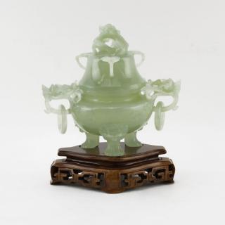 Appraisal: th Century Chinese Carved Jade Covered Censer on Wooden Stand