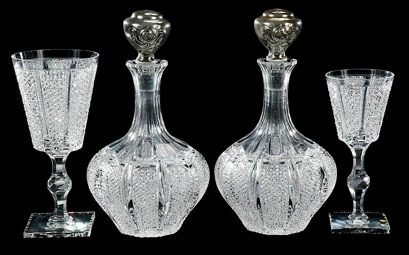 Appraisal: Pair Cut Glass Hawkes Decanters Kohinoor Stems Hawkes trefoil mark