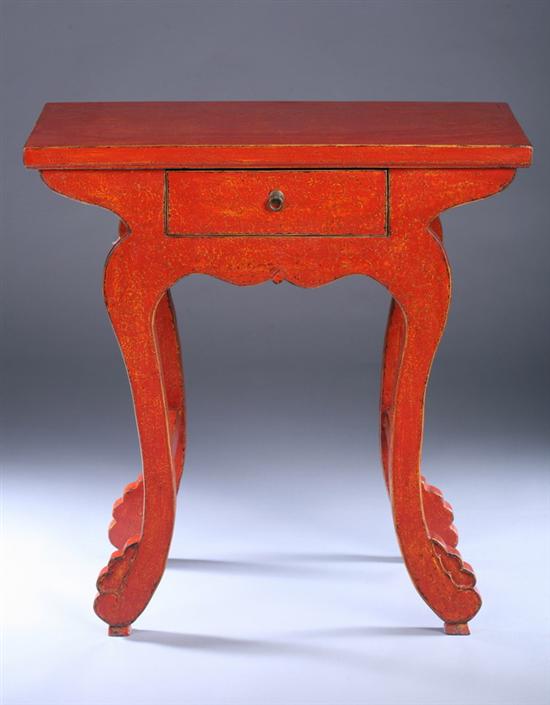 Appraisal: CHINESE RED LACQUER TABLE Rectangular top above one drawer and